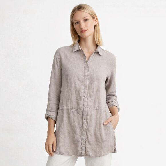 Tahari by Elie Tahari Tops - Tahari 100% Linen Button Front Shirt Tunic Taupe Minimalist Summer Top S Neutral